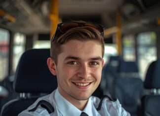 Скрябин предложил снизить возраст для получения прав на автобус до 18 лет молодой водитель автобуса // фото: leonardo.ai