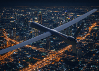 Ночную атаку БПЛА на Ростовскую область отражали в двух приграничных районах Беспилотник над ночным городом //Иллюстрация ChatGPT, лицензия и промпт "Городской репортер"